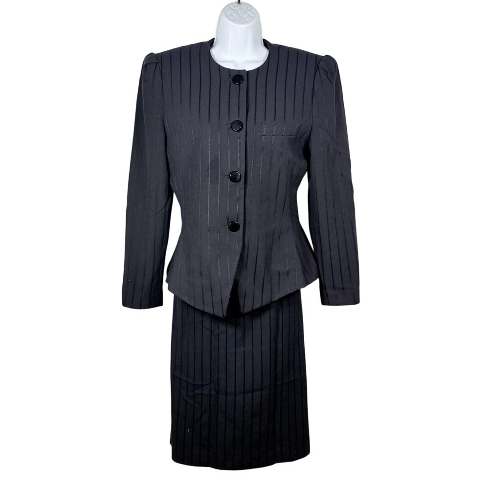 Vintage Atrium Collection Skirt Suit Juniors 8 Black Pinstripe 2 Piece Lined 90s